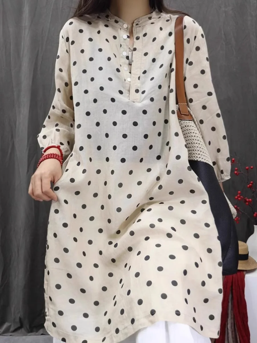 

Элитная женская миди-рубашка из конопли и хлопка с длинным рукавом, новая коллекция весна-лето, в художественном ретро-стиле в горошек