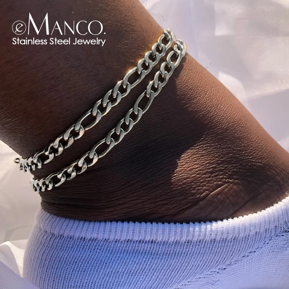 eManco Stainless Steel Foot Jewelry Leg Chain Ankle Silver Color Franco Figaro Chain Anklets For Men Women Hip Hop Rapper