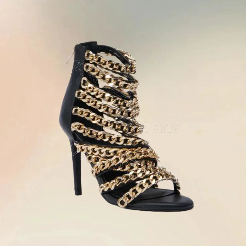 

Gold Chain Decor Black Open Toe Sandals Back Zipper Women Shoes Thin High Heels Fashion Party Banquet 2025 Zapatos Para Mujere