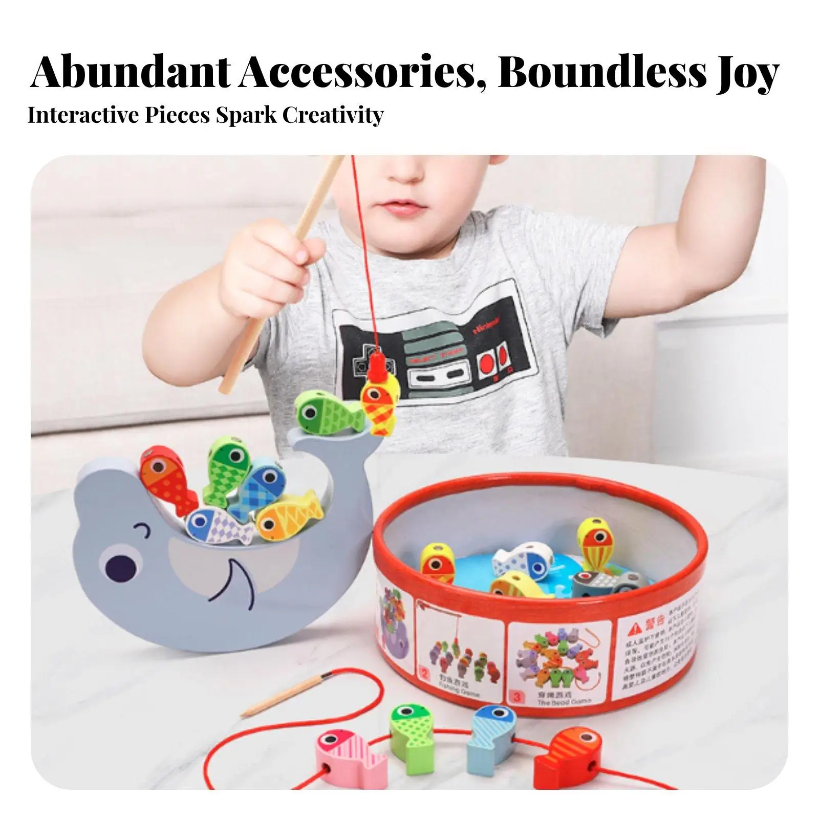 Multifunctional Wooden Fishing Game for Kids 3 4 5 Year Old Balancing Sea Creatures Stacking Toy Lacing Beads Activity Set