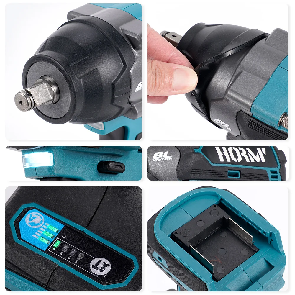 Hormy Brushless Cordless Electric Impact Wrench 1800N.M Torque 1/2\'\' Electric Screwdriver Power Tool For Makita 18V Battery