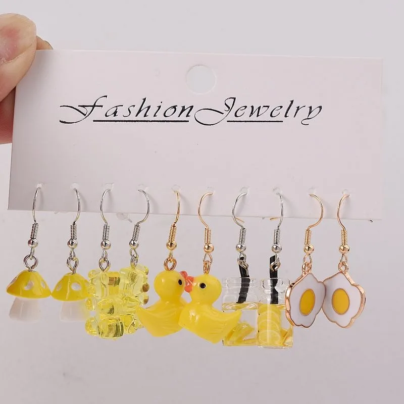 1set Europe and The United States Fun Duckling Bear Milk Tea Earrings Set