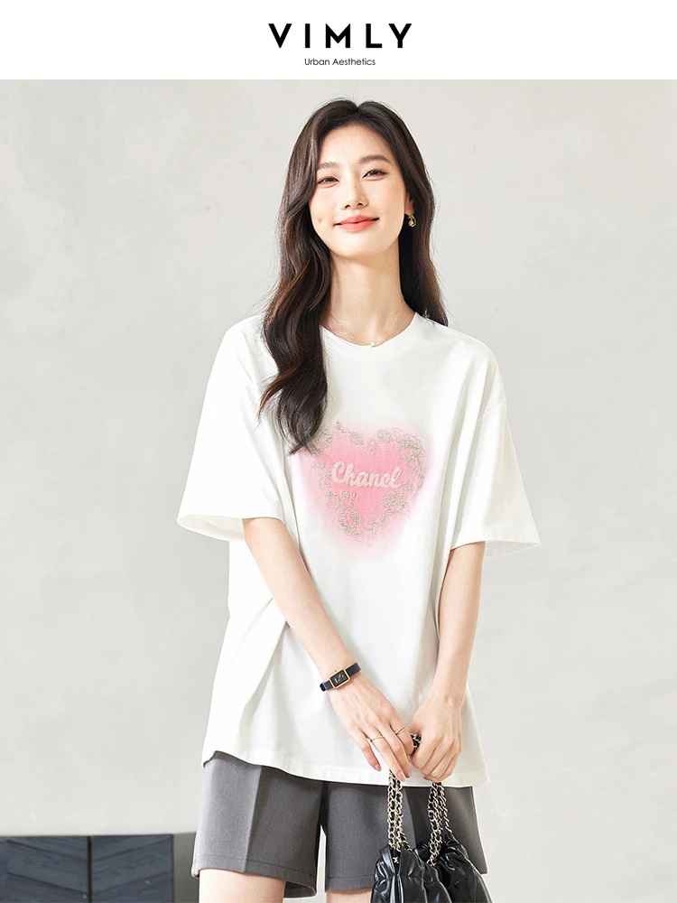 VIMLY Women's Simply Commuter White Short Sleeve T-Shirt Summer New Casual Love Graphic Letter Printed Loose Cotton Blouse Tops