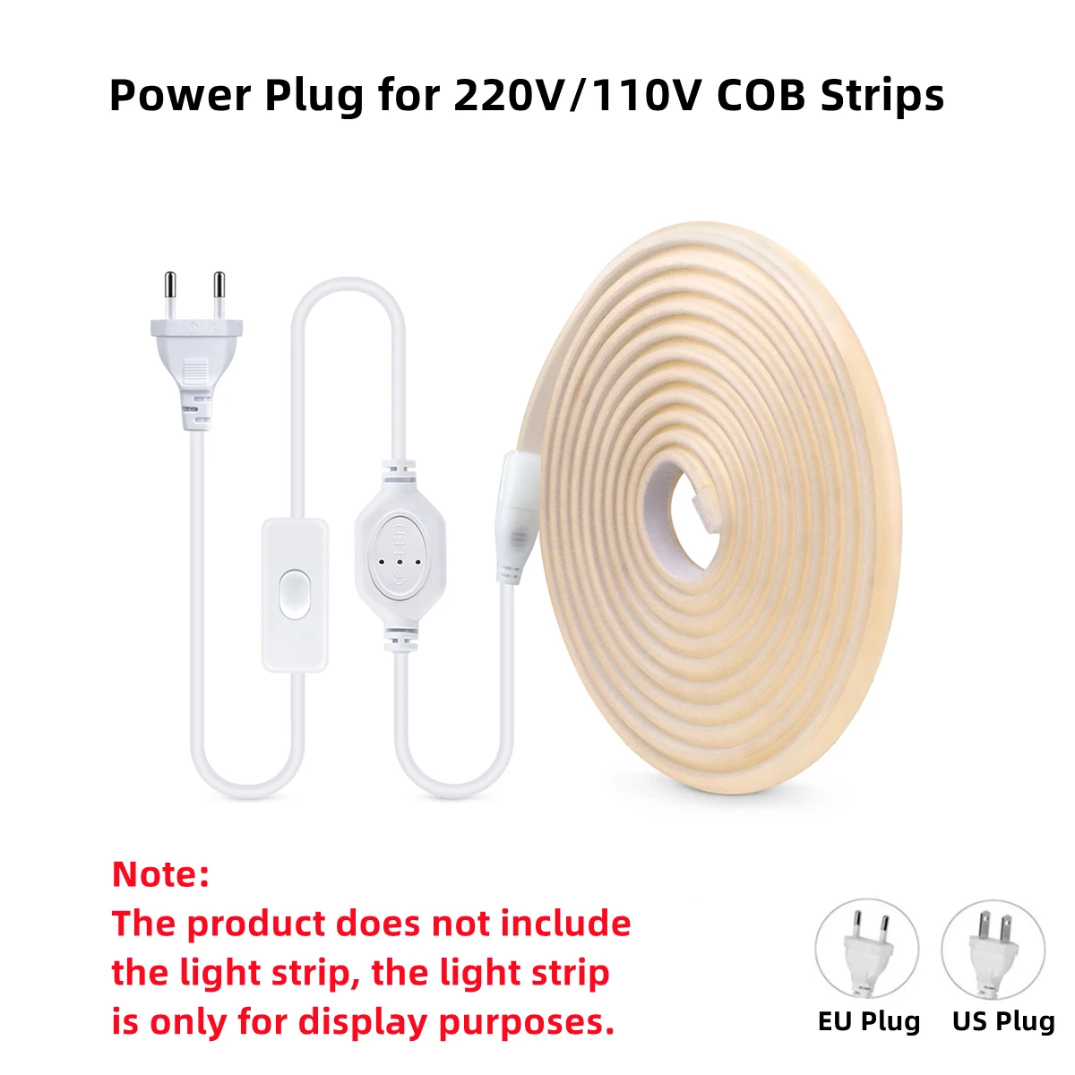 EU/US Plug for 220V/110V COB LED Strip Power Supply Plug with Button Switch Cable, Light Accessories Plug Connector