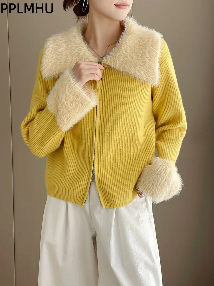 เสื้อสเวตเตอร์ถักแบบมีซิป ปกพับได้ ตัดต่อผ้าถัก สไตล์ลำลองสำหรับผู้หญิง เสื้อคลุมคาร์ดิแกนทรงหลวม แฟชั่นเสื้อถักแขนยาวแบบสั้นและยาว เสื้อกั๊กถัก