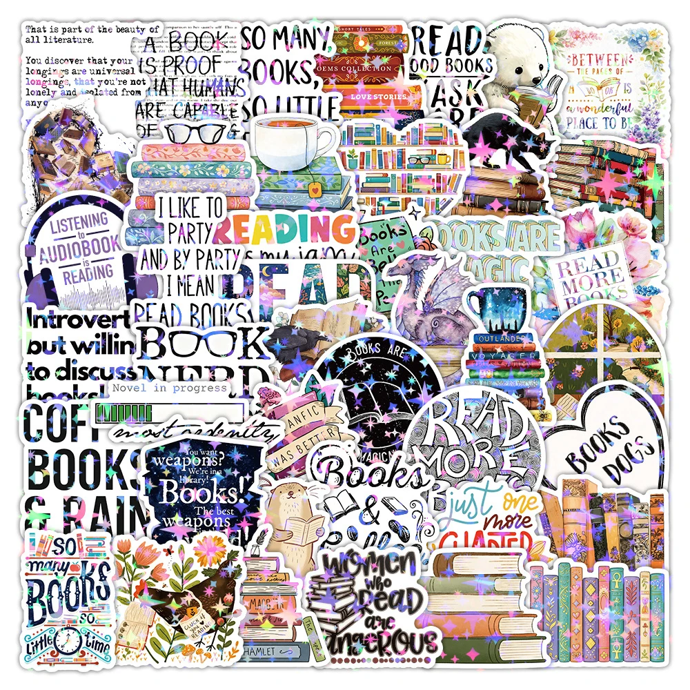 

10/30/50/100pcs Laser Cartoon Bookish Stickers Funny Reading Book Sticker DIY Scrapbook Phone Luggage Cool Graffiti Decals Toys