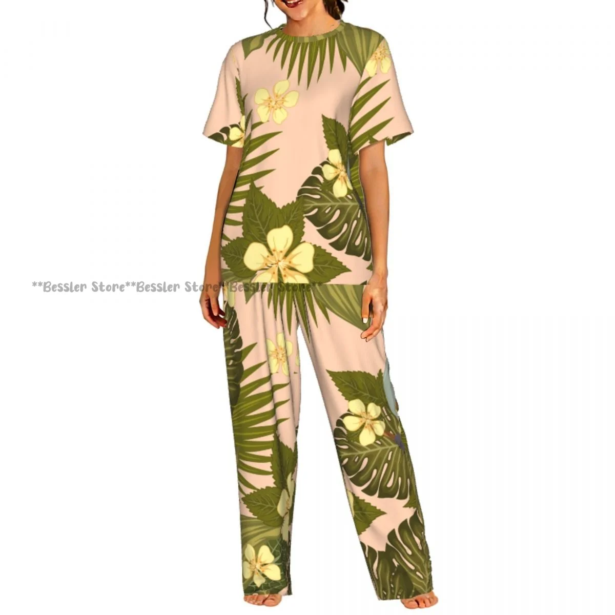 

Women's Comfort Pajamas Women's Natural Tropical Flowers Short Sleeve Set Sleepwear