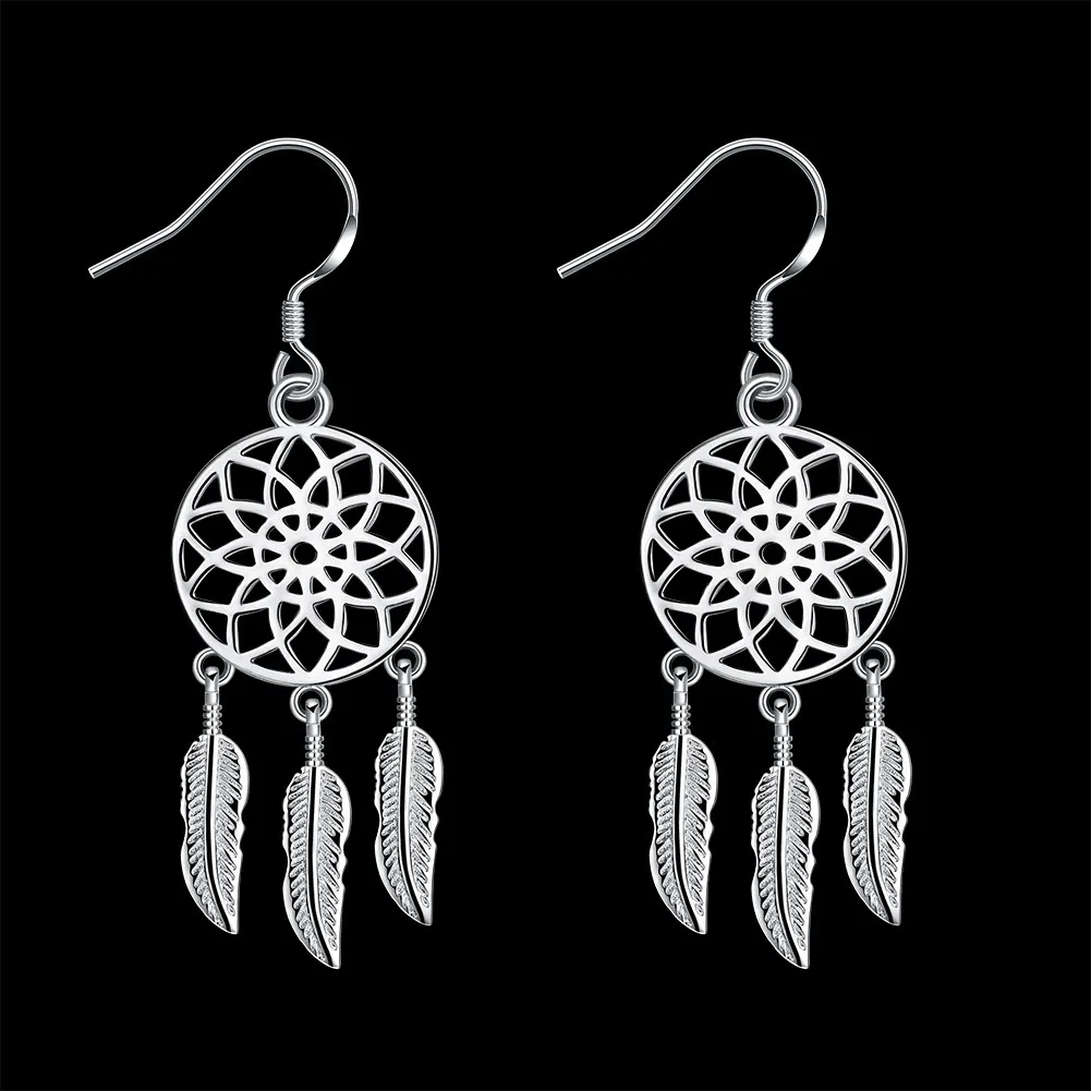 

Hot high quality 925 Sterling Silver Dream catcher feathers earrings for women fashion party wedding accessories Jewelry gifts