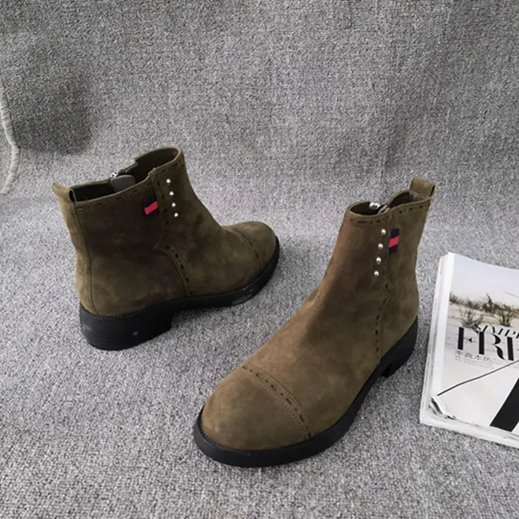 Stiefel Frauen neue 2024 Schuhe runde Zehen Winters chuhe Knöchel Gummi Herbst Damen Med Leder Echt Rock Stoff Herde festes Fell