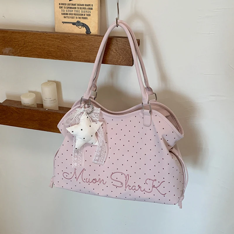 Polka Dot Star Pattern Canvas Tote Bag Commuter Casual Large Capacity Shoulder Underarm Bag Shopper Bag With Pendant Accessory view 2