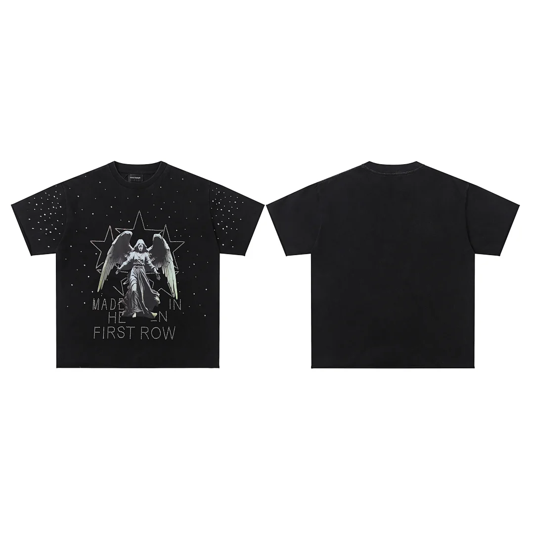 First Row Oversized Black Rhinestone T Shirt Star Angel Rhinestone Print Unisex Y2K Dark Streetwear Cotton Short Sleeve Tops Tee