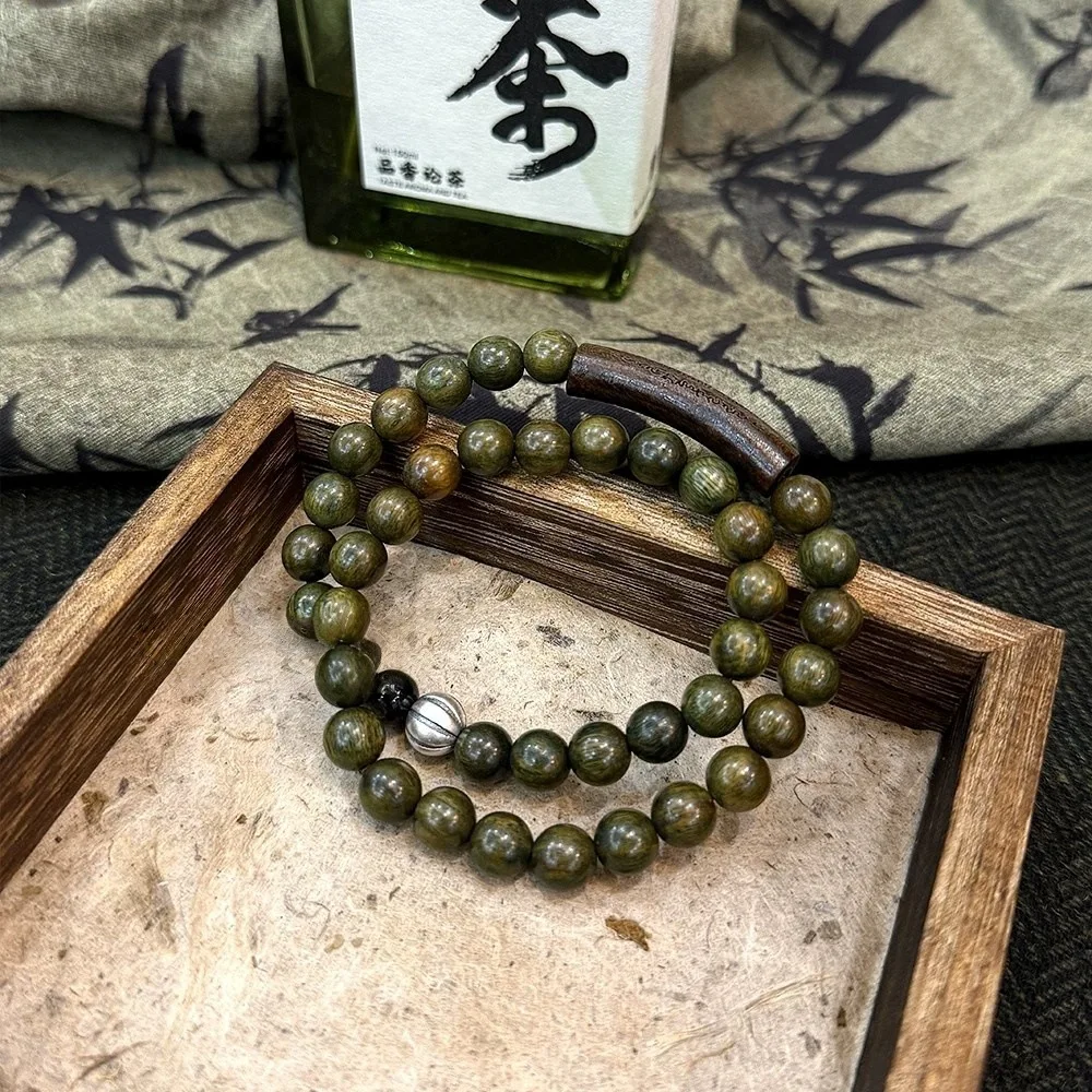 Chinese Style Green Sandalwood Rosewood Double Loop Curved Tube Bracelets for Women Gifts