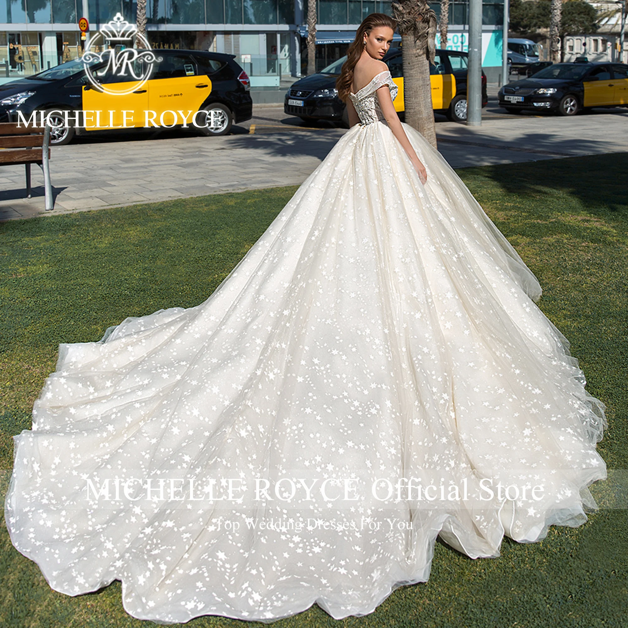 Michelle Royce-Robe de mariée avec appliques de perles, robe de mariée, robe de train royal, robe de Rh, sexy, hors initié, chérie, éducatif