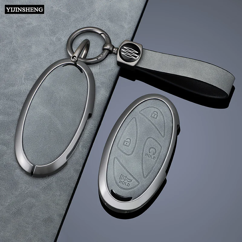 5 7 Buttons Metal + Leathe Car Key Case Cover Fob Skin Holder Shell For Hyundai Kona Ev Grandeur GN7 IONIQ 6 2023 2024 Remote