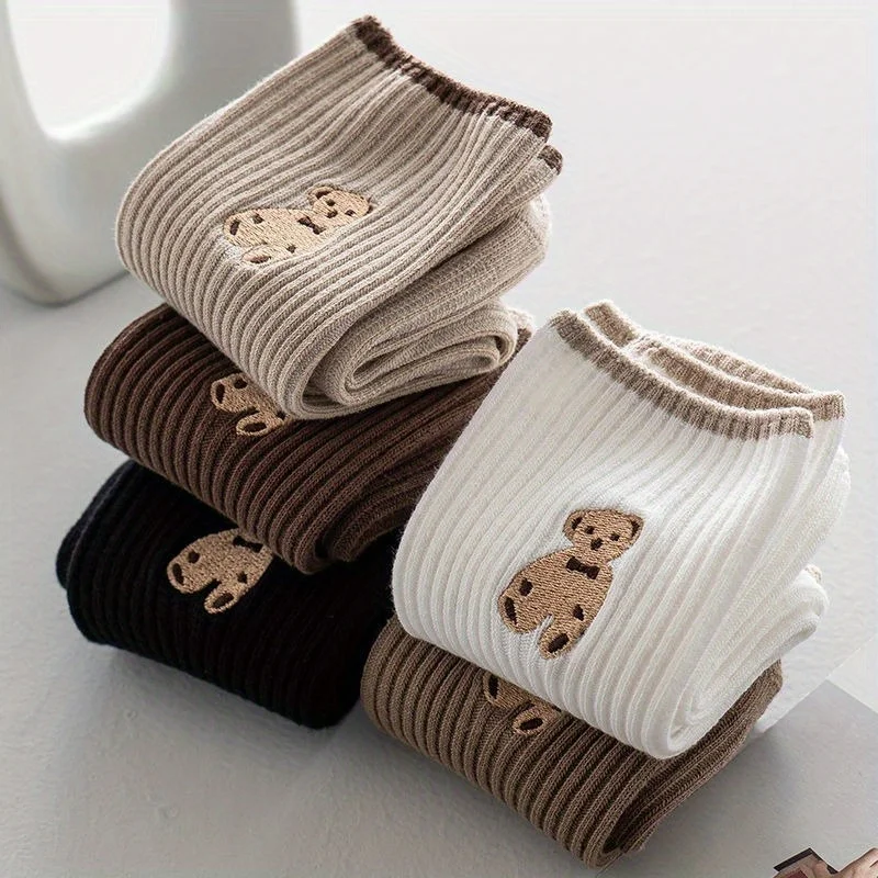 5-Pair Women's Mid-Calf Socks, New Autumn Academic Style Coffee-Colored Teddy Bear Korean Style Women's Socks for Fall/Winter