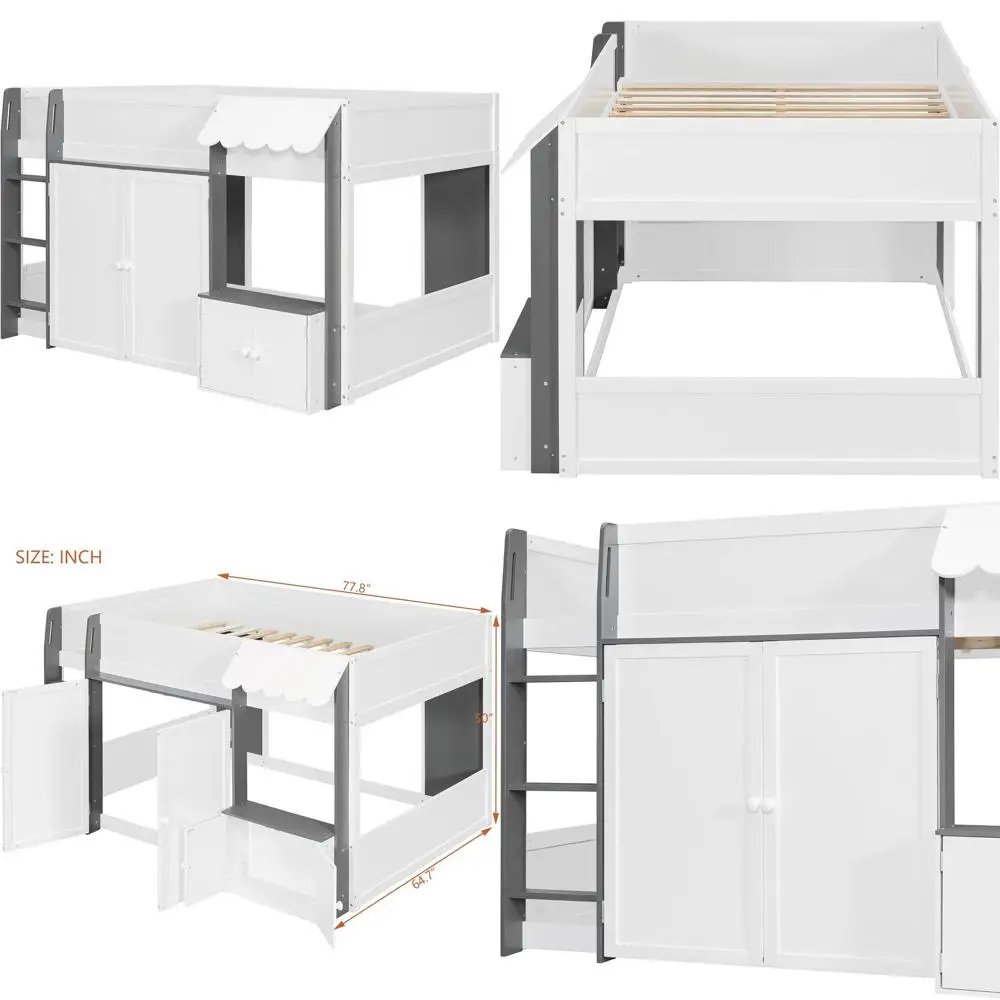 

Деревянная кровать-чердак с игровой зоной и местом для хранения, белый/серый, не требует пружинного основания