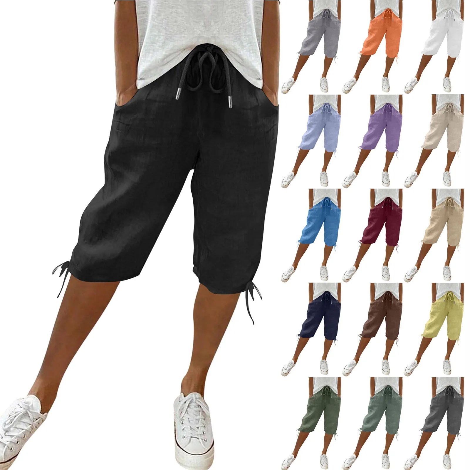 Damen-Baumwoll-Leinen-Hose, Sommer, täglich, cool, fünf Hosen, bequem, lässig, Kordelzug, elastische Taille, fünf halbe Hosen, Pantalone
