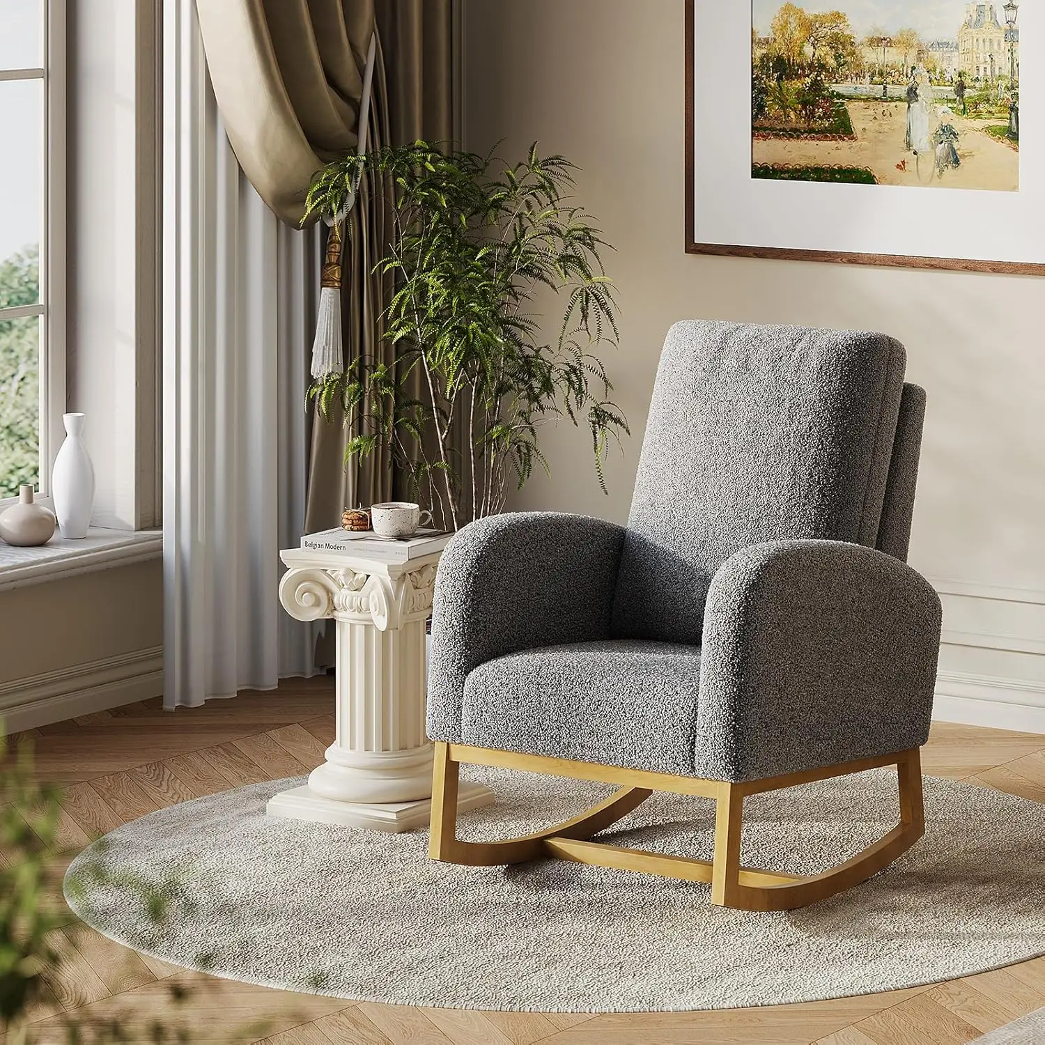 

Upholstered Rocking Chair Nursery Accent Chair with Wood Legs and Side Pockets High Back Leather Glider Chair for Living Room
