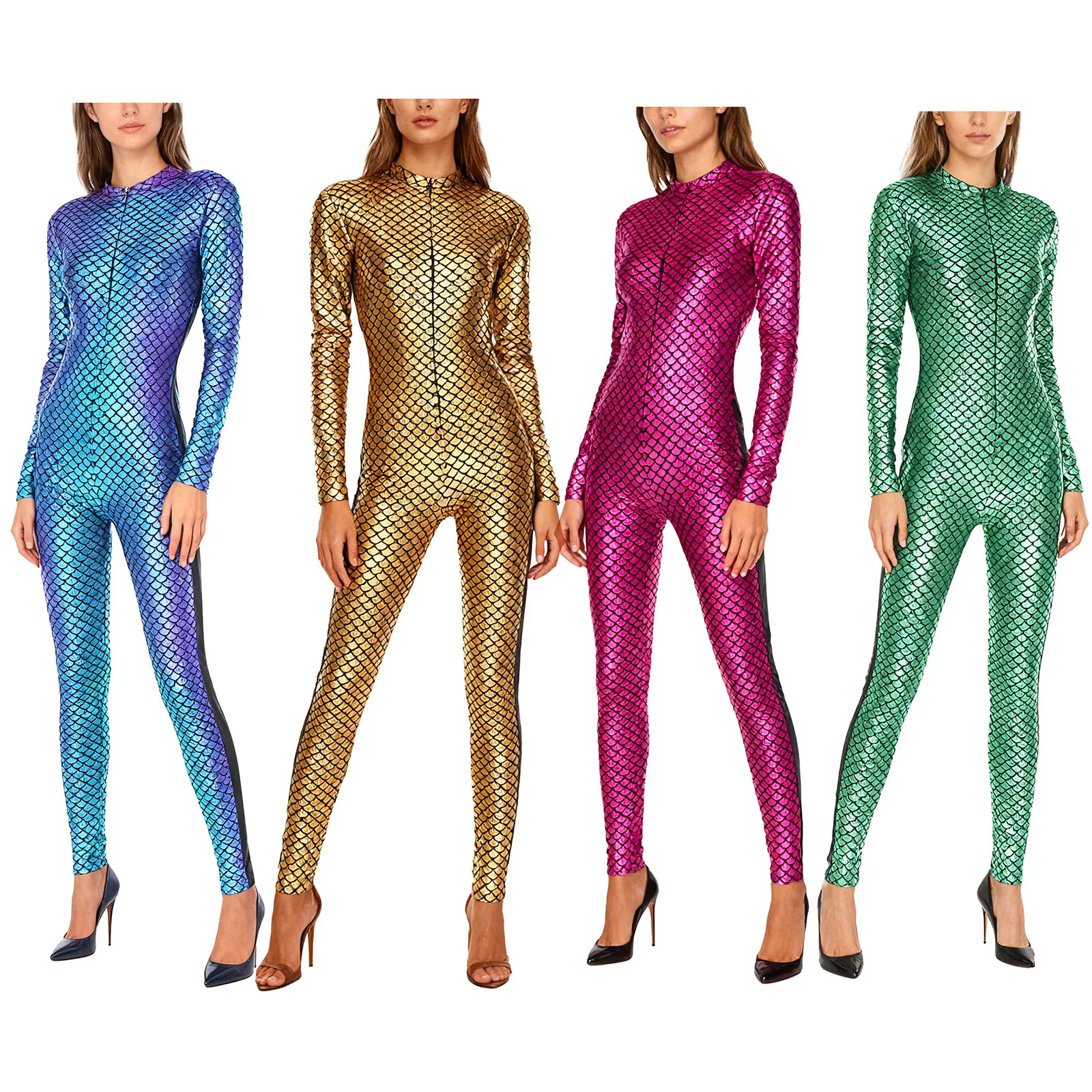Women Metallic Shiny Mermaid Fish Scale Print Sheer Mesh Jumpsuit for Halloween Carnival Theme Party Nightclub Dance Beach Swim view 3