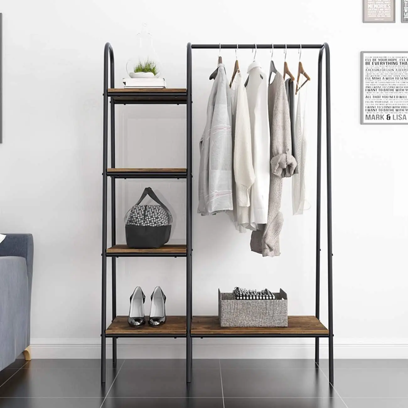 Clothes Rack, Garment Rack with 5 Shelves Hanging Bar, Black, Customized