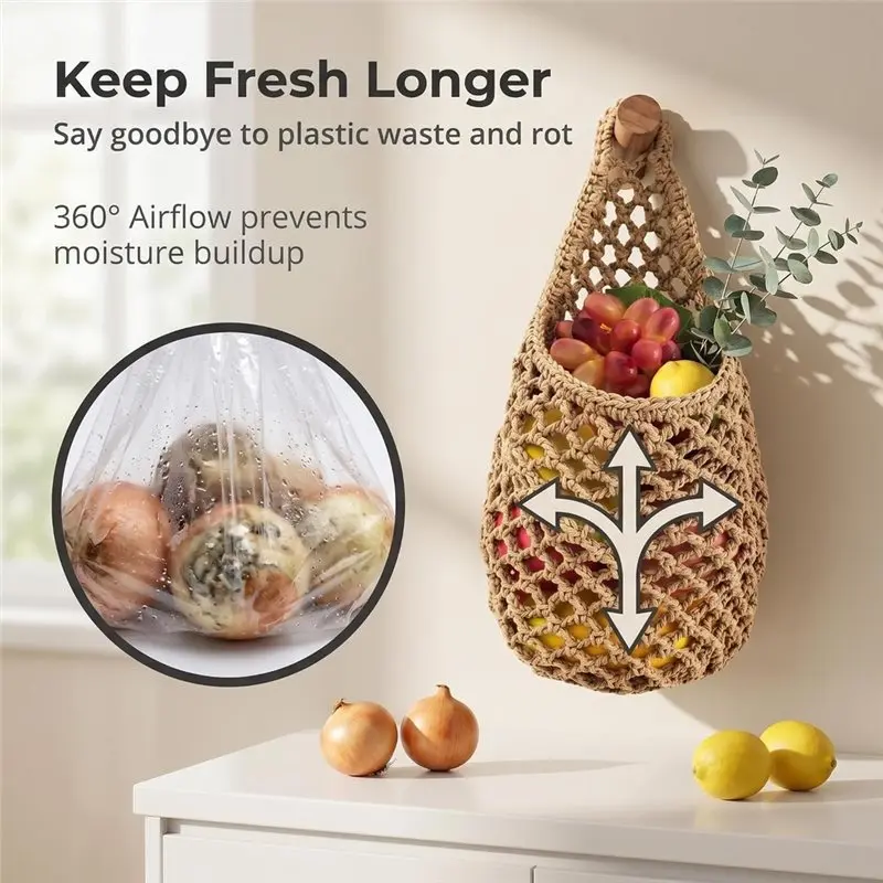 ABRU-Hand Woven Cotton Rope Basket 36 X 28 Cm Hanging Storage Baskets Hanging Fruit Basket
