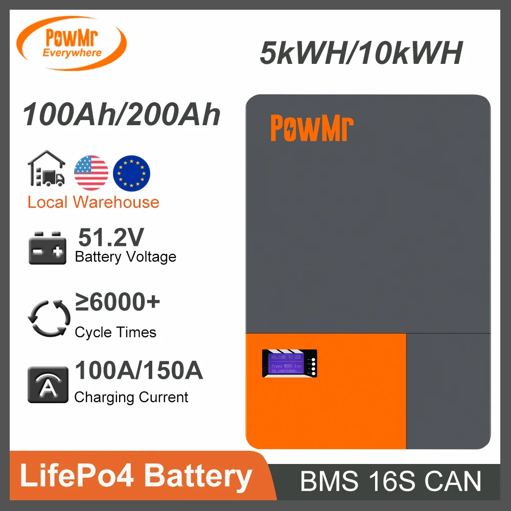 

PowMr Power Wall 200Ah 100Ah 51.2V LifePo4 Batteries Energy 5kWH/10kWH ≥6000 Times Cycles BMS RS485 CAN 16S for Home EU Stock