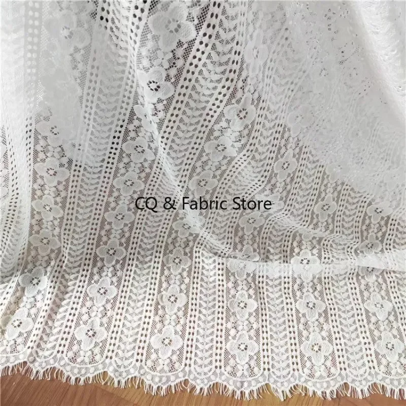 

3meters Long White Lace Fabric with Hollow Out Eyelash Trim and Clover Floral Pattern for Dress Skirt Wedding Party Gown