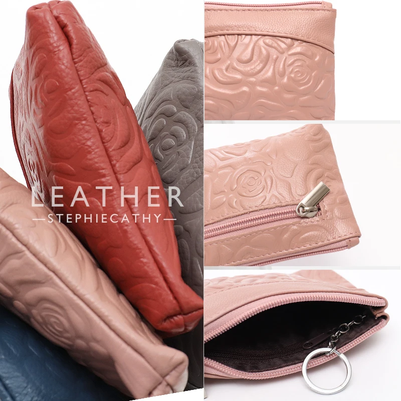 SC Brand Summer Style Women Genuine Leather Wallet Fashion Flower Print Zip Coin Purse Key Chain Pocket Portable Versatile Bag