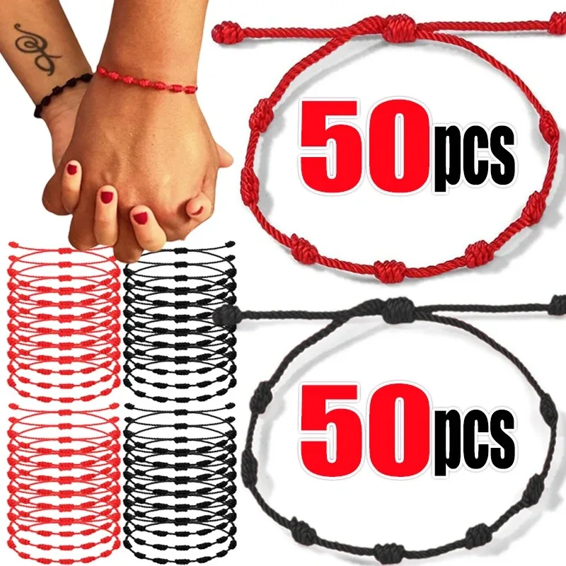 2/50 Stück Handgefertigte Rote Schnur-Armbänder 7-Knoten-Paararmbänder Glücksarmbänder für Frauen Männer Freunde Geflochtenes Seil-Armband Schmuck Geschenk