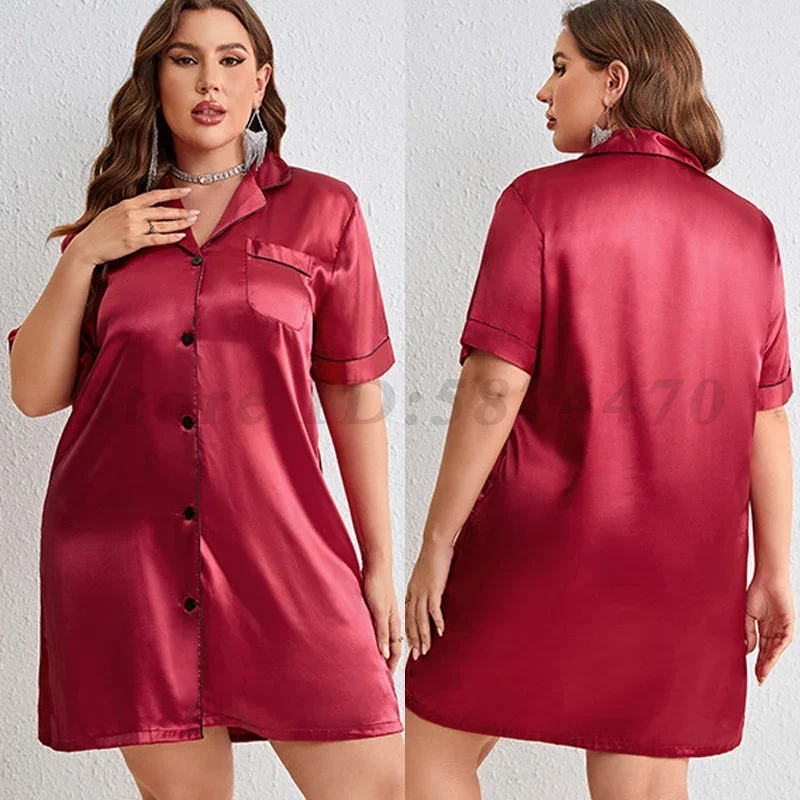 Plus Size 5XL Zomer Korte Mouwen Sleepshirts Sexy Nachtjapon Nachtkleding Vrouwelijke Satijn Intieme Lingerie Lounge Wear Thuis Jurk