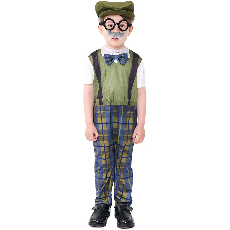 Umorden Kids Child Grandpa Old Man Costume Kit for Boys Short Sleeve Green 4-6Y 6-8Y 8-10Y 10-12Y Old Timer Child