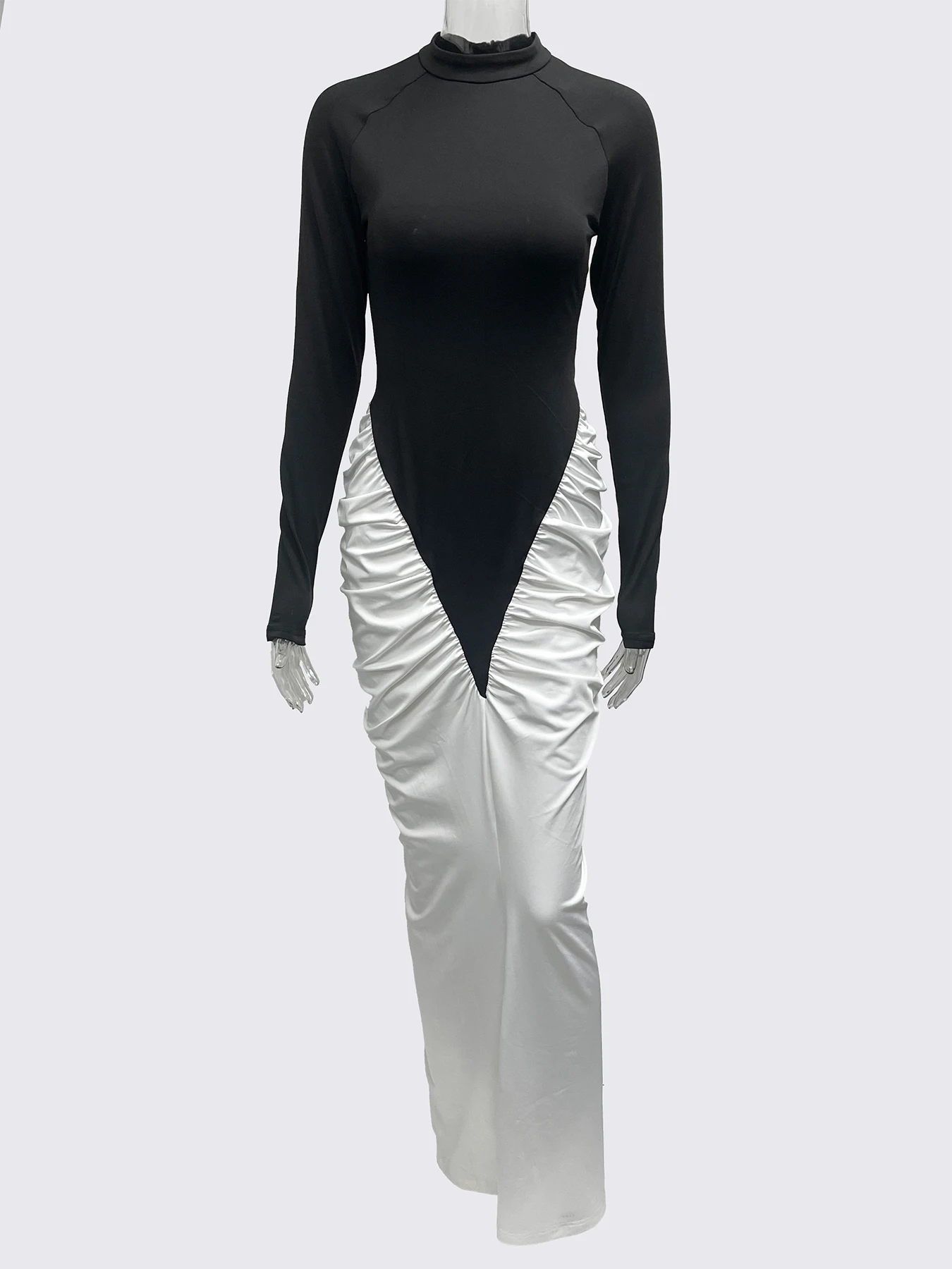 Sisterlinda Ruched Patchwork Dress Women Full Sleeve Color Block Peach Hip Elegant Sexy Simple Evening Stretch Skinny Bodycon