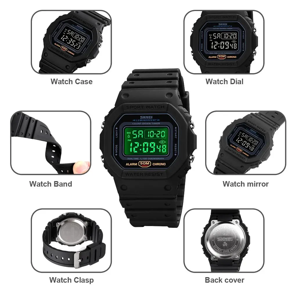 SKMEI Japan Digital Movement Count Down Sport Watch Mens Fashion LED Light 5bar Waterproof Wristwatches Male Alarm Reloj Hombre