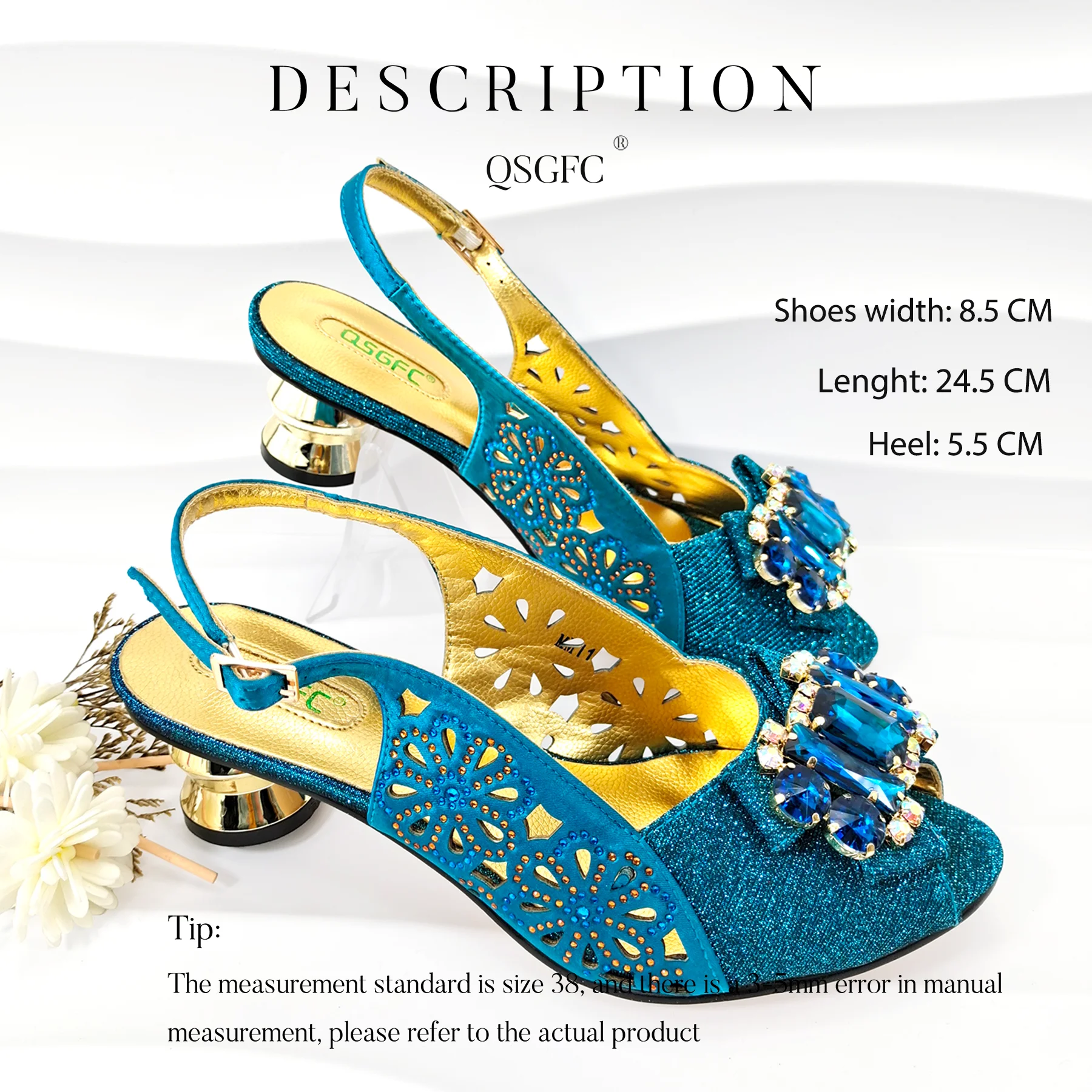 Newest Design Metal and Rhinestone Design Style Party Wedding Peep Toe High Heel Lady Shoes and Bag Set in Teal Blue Color