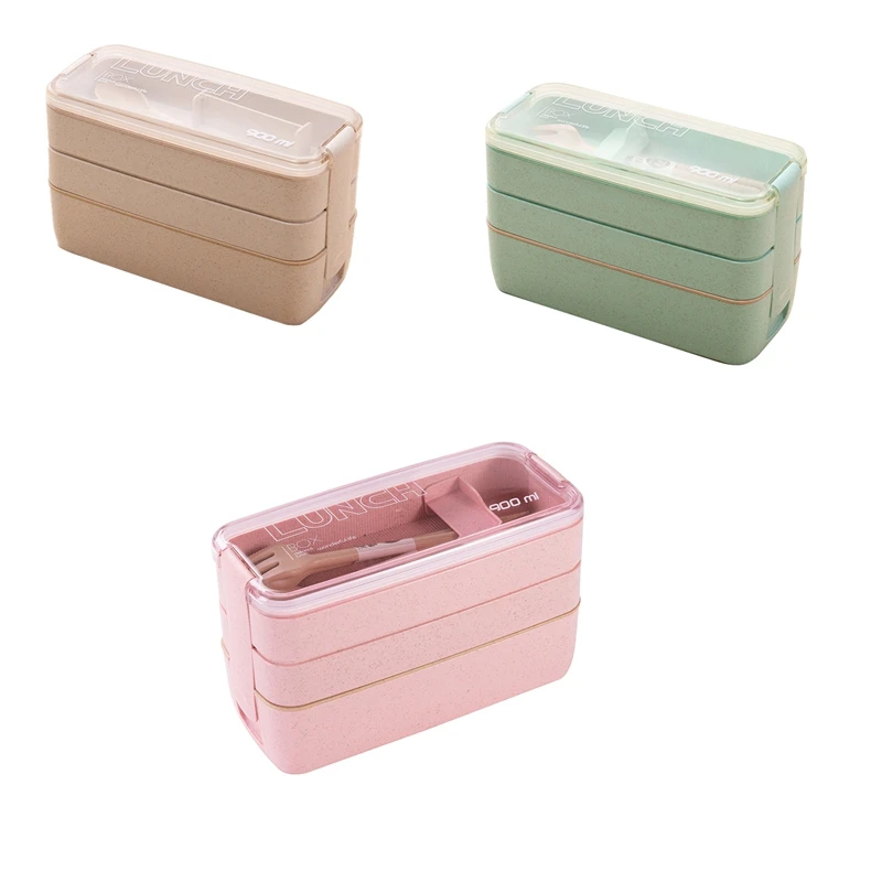 

Portable Bento Box, 3-Layers Lunch Box, 900ML Wheat Straw Dinnerware Food Storage Container Beige Durable Easy To Use