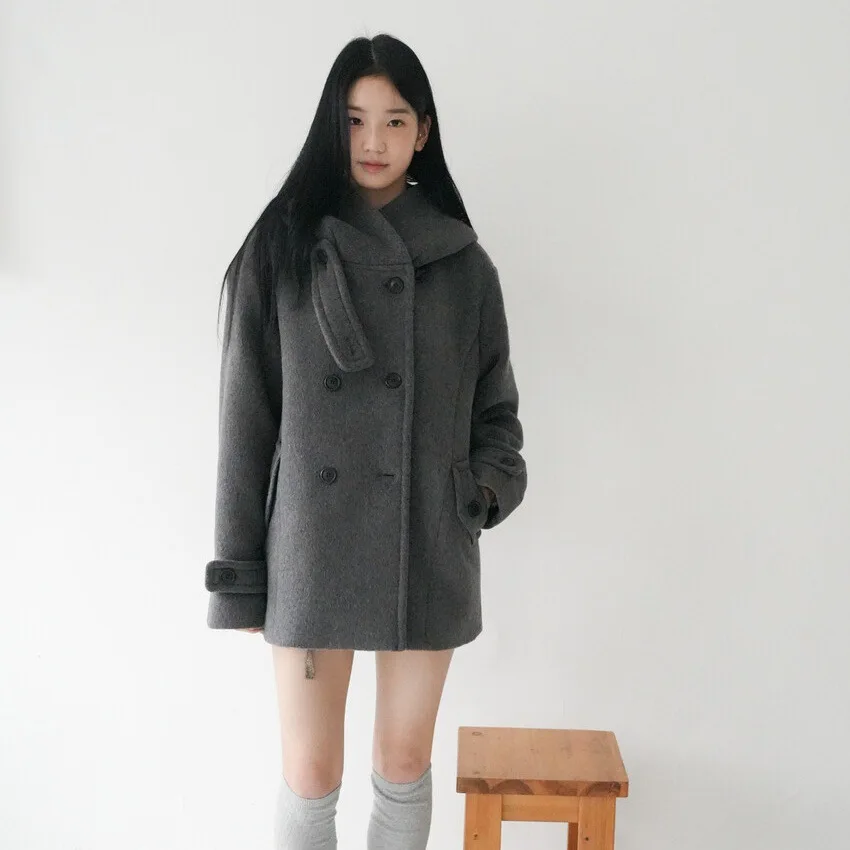 

Winter Korean-style Japanese School Style Hooded Double-breasted Woolen Coat For A Younger Petite Woman A Tweed Overcoat