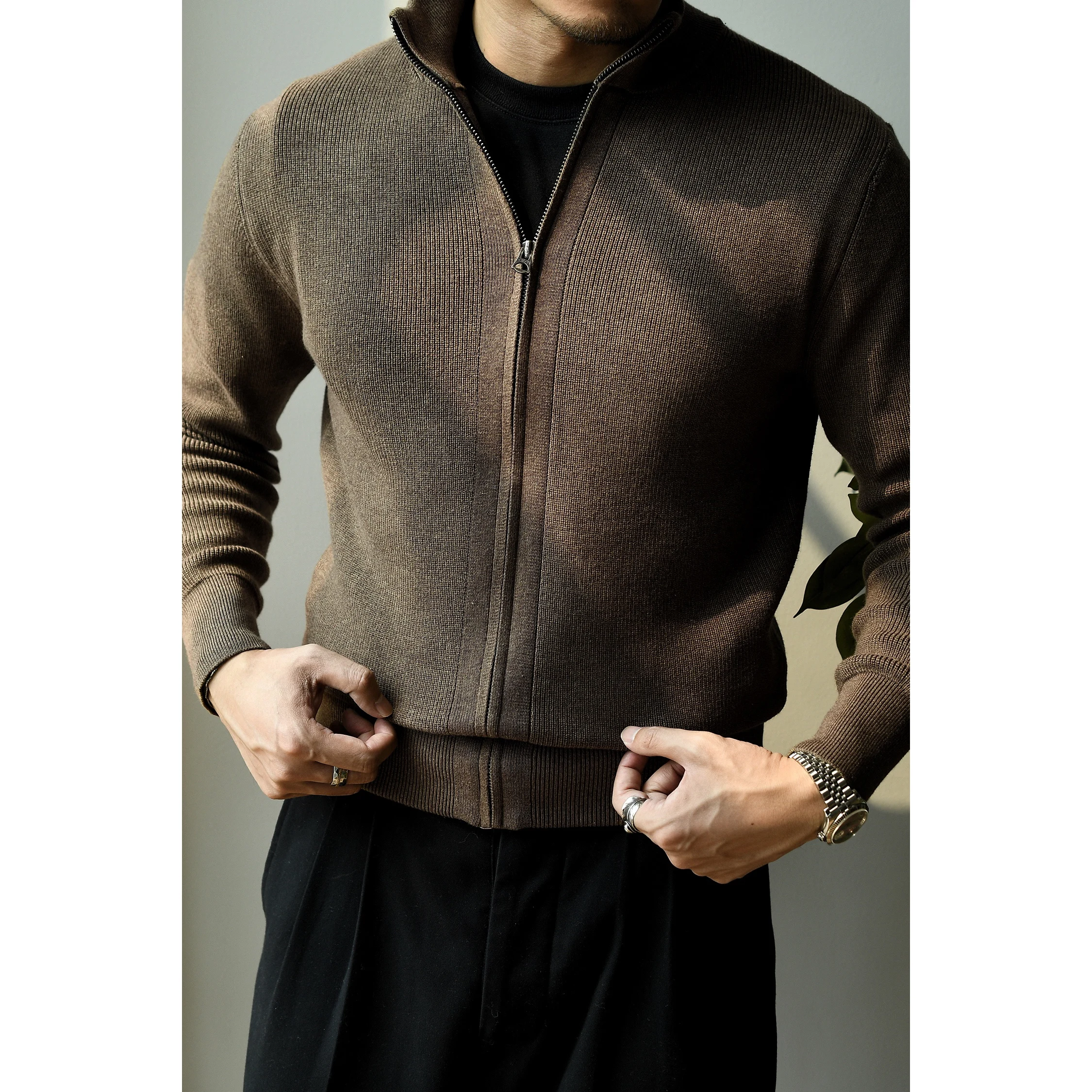Cárdigan de punto con cuello levantado para hombre, suéter informal de negocios con estilo Vintage