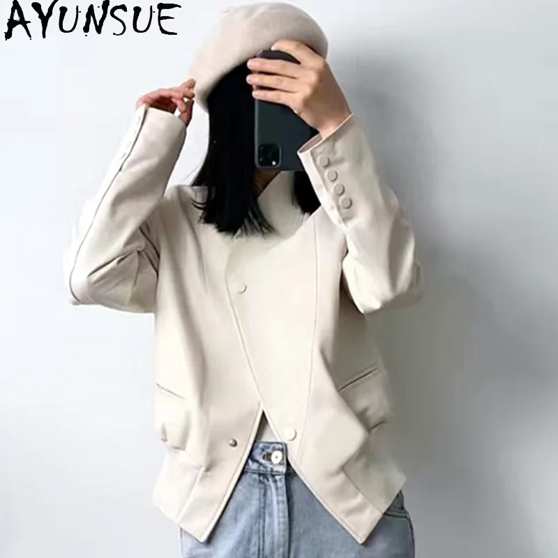 Ayunsu-سترة جلد طبيعي للنساء ، معطف جلد الغنم الحقيقي ، قصيرة ، ضئيلة ، الخامس الرقبة ، الإناث الموضة ، 2023