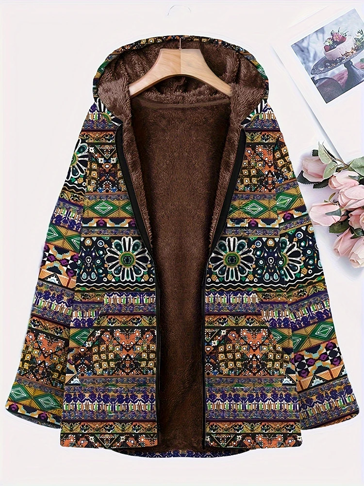 

Plus Size Women's Vintage Floral Print Hooded Jacket Ladies Winter Warm Cardigan Lined With Pocket Jacket