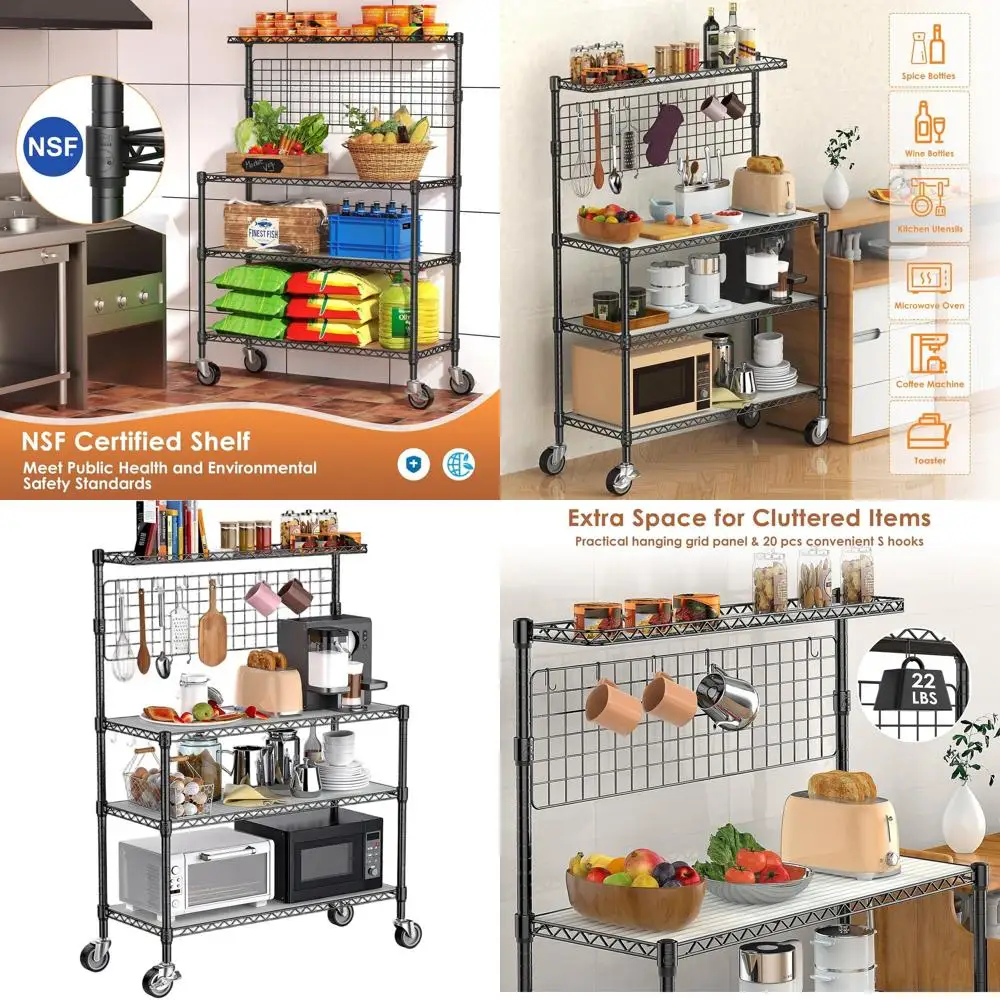 

Кухонная подставка для микроволновой печи 42x18x63 см с 4-ярусным хранением, колесами и S-образными крючками, прочная металлическая тележка, черная