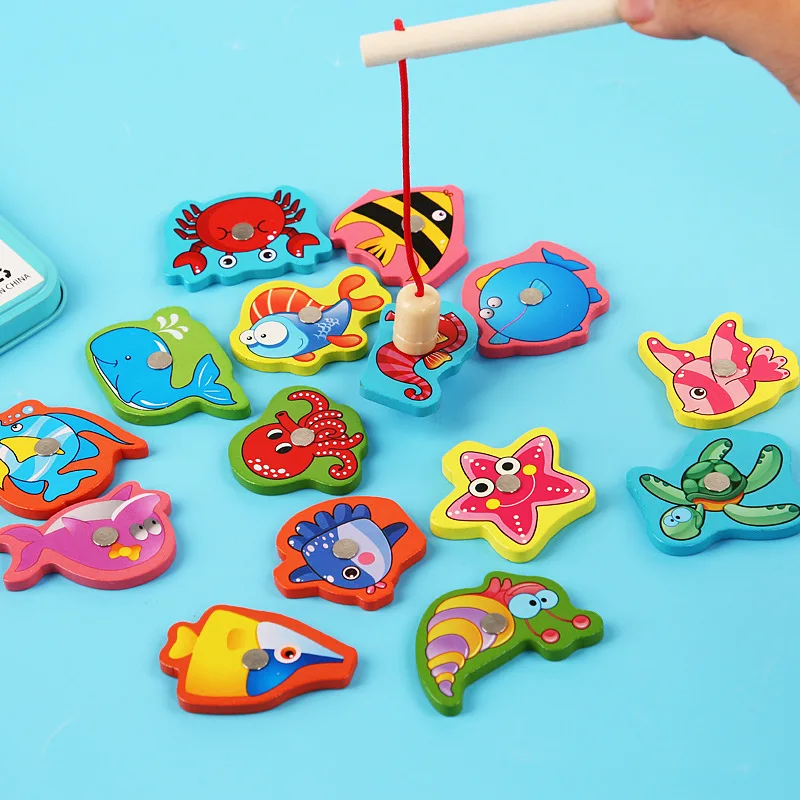 Montessori Wooden Magnetic Fishing Game Magnet Fish Catching Puzzle Educational Toys For Children Motor Skill Training Toy