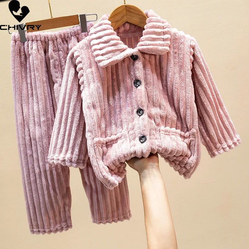 New 2022 Kids Boys Girls Autumn Winter Soft Coral Fleece Warm Pajama Sets Solid Lapel Tops with Pants Sleepwear Pyjamas Clothing