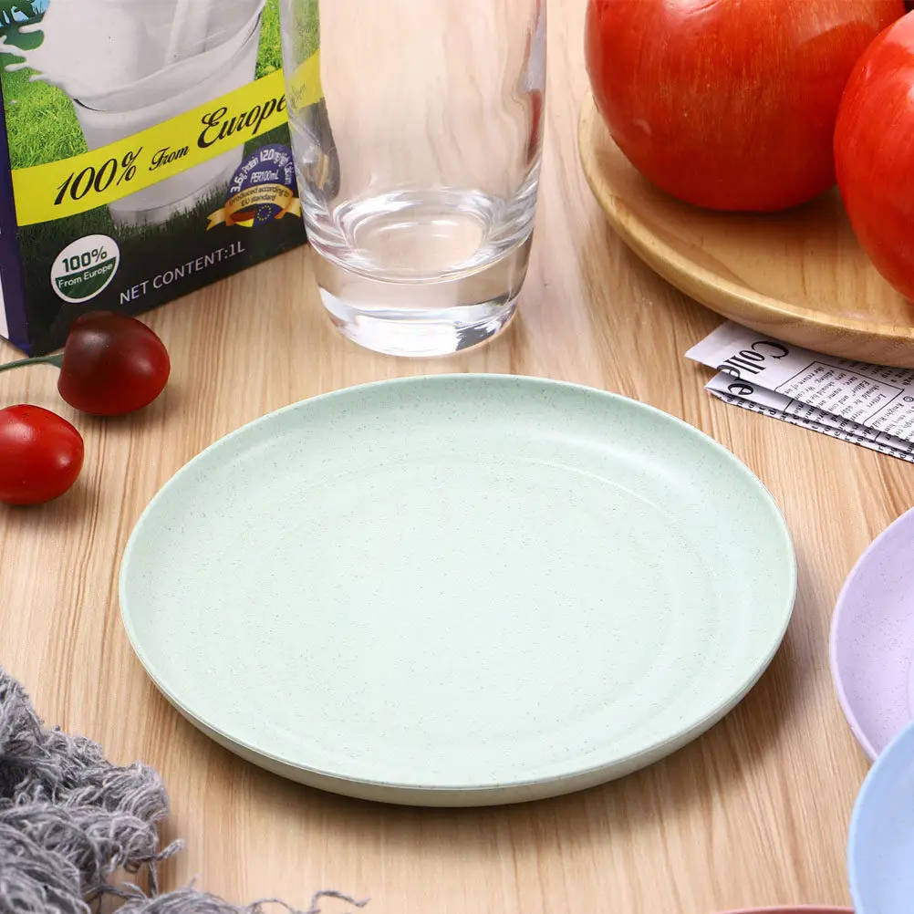 

10Pcs Degradable Wheat Straw Plates Smooth Non Stick Unbreakable Flat Bottom Round Dinner Dishes for Toast Fried Egg Beef