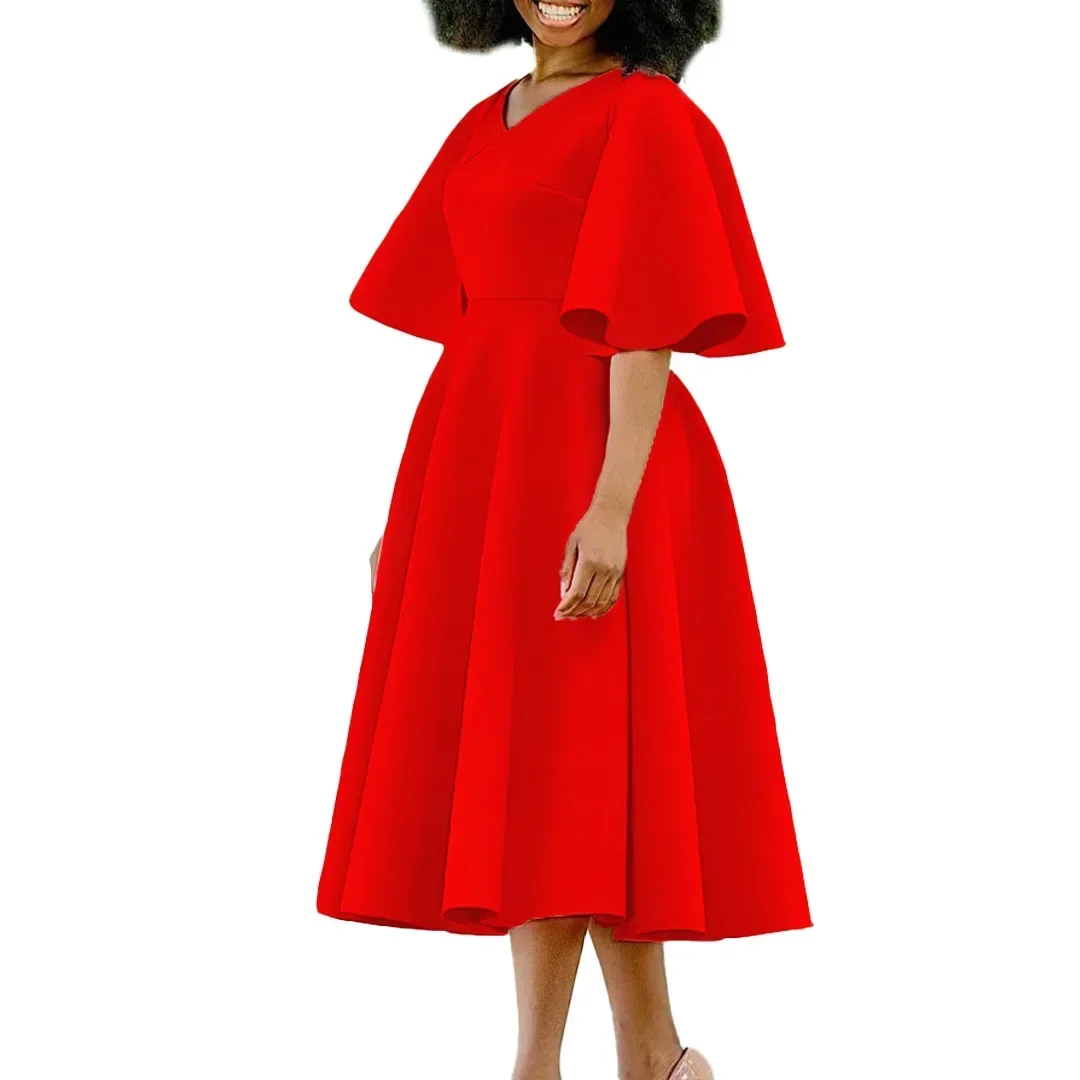 Summer Fashion African Women V-neck Polyester Short Flare Sleeve Red Black Pink Knee-length Dress African Dresses for Women