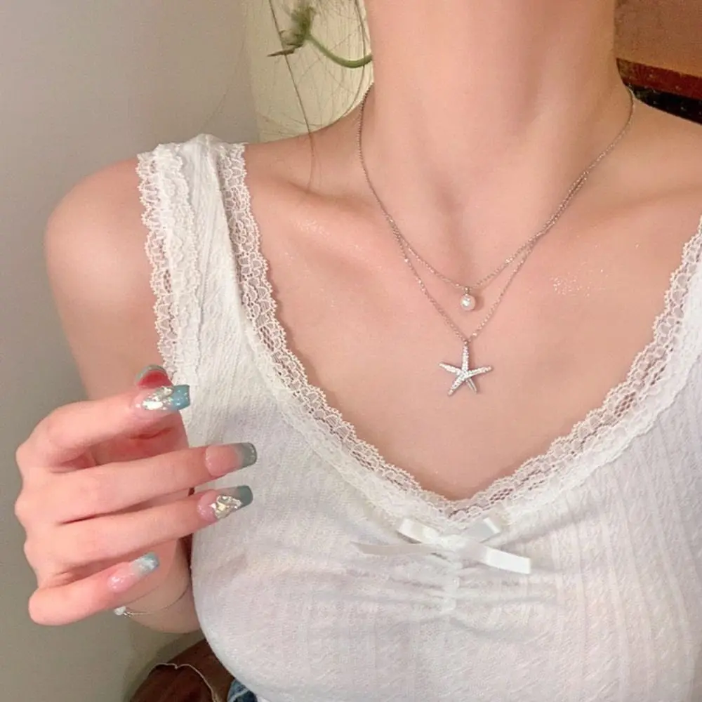 Fashion Double Layered Starfish Pearl Necklace Smooth Delicacy Silver Starfish Clavicle Chain Starfish Double Pearl Necklace