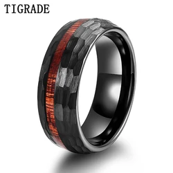 Tigrade 8mm Mens Black Hammered Tungsten Carbide Rings For Men Wood Inlay Multifaceted Wedding Band Engagement Ring Jewelry Gift