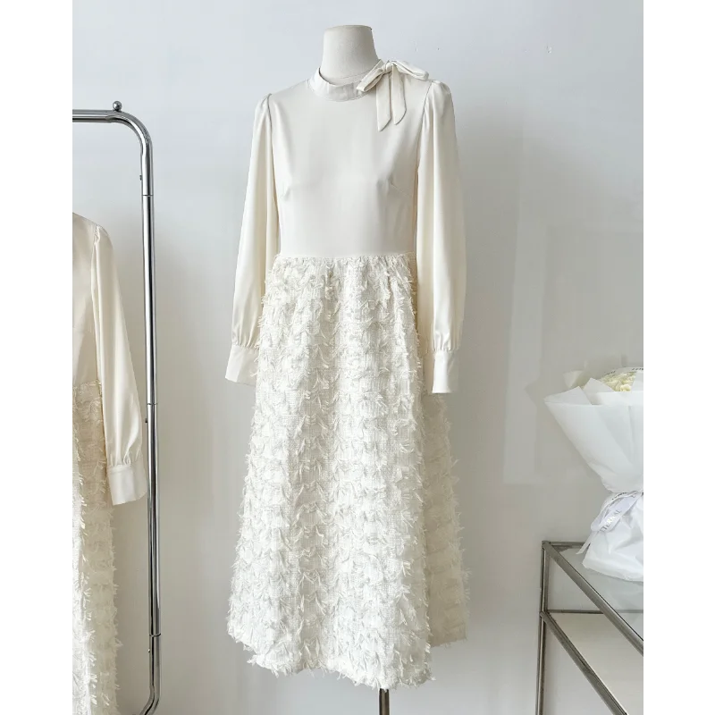 

Women French Elegant Long Dress Bow Collar Vintage Dinner Party Wedding Fashion Sweet Long Sleeve Small Fragrant Dresses Female