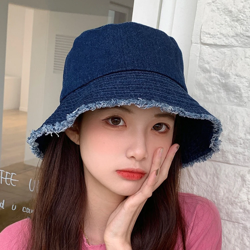 Fashionable Y2k Blue Denim Fisherman Hat Women Men Foldable Sunshade Hat Casual Outdoor Riding Hat Girls Beach Travel Streetwear