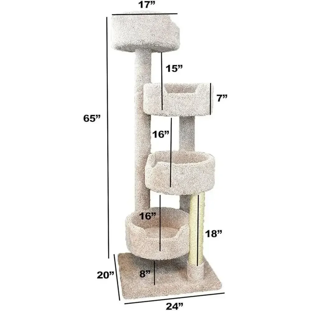 Large Neutral-Colored Solid Wood Cat Stairway, Multi-Level Indoor Cat Tree Tower, 20 L x 20 W x 55 H, Brown