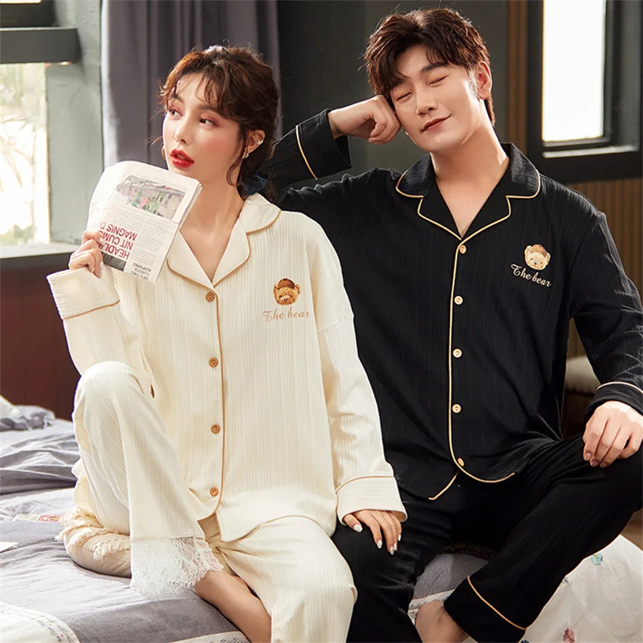 2024 Autumn Winter Couple Pajamas Set Men Long Sleeve Tops and Pants Home Clothes Women Casual Sleepwear 2 Piece Loungewear